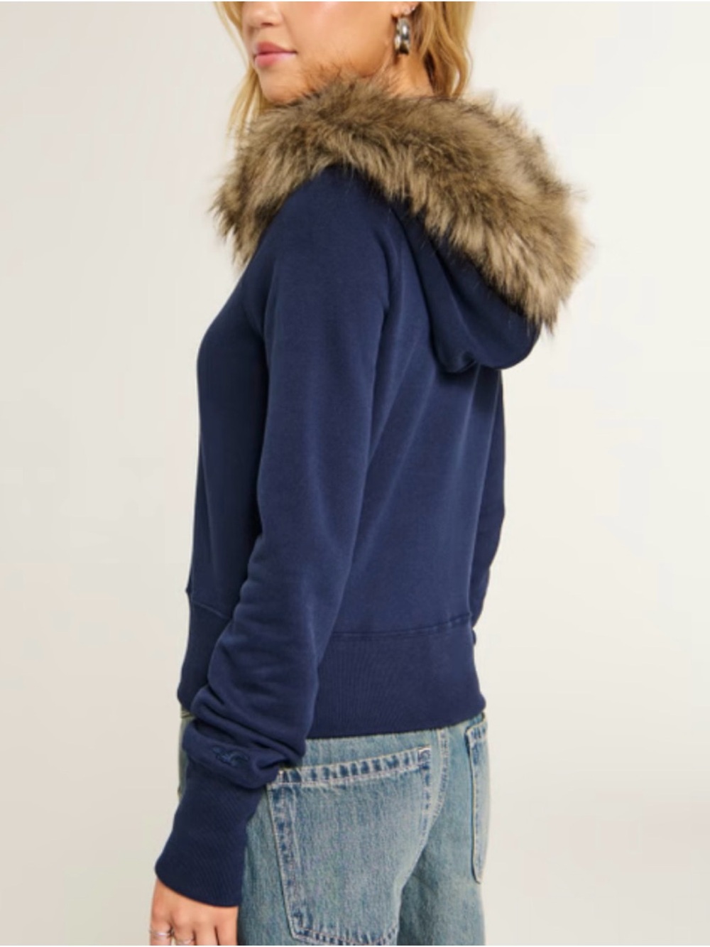 Hollister Faux Fur Trim Full-Zip Hoodie Hooded Sweater Jacket Top Navy Medium M